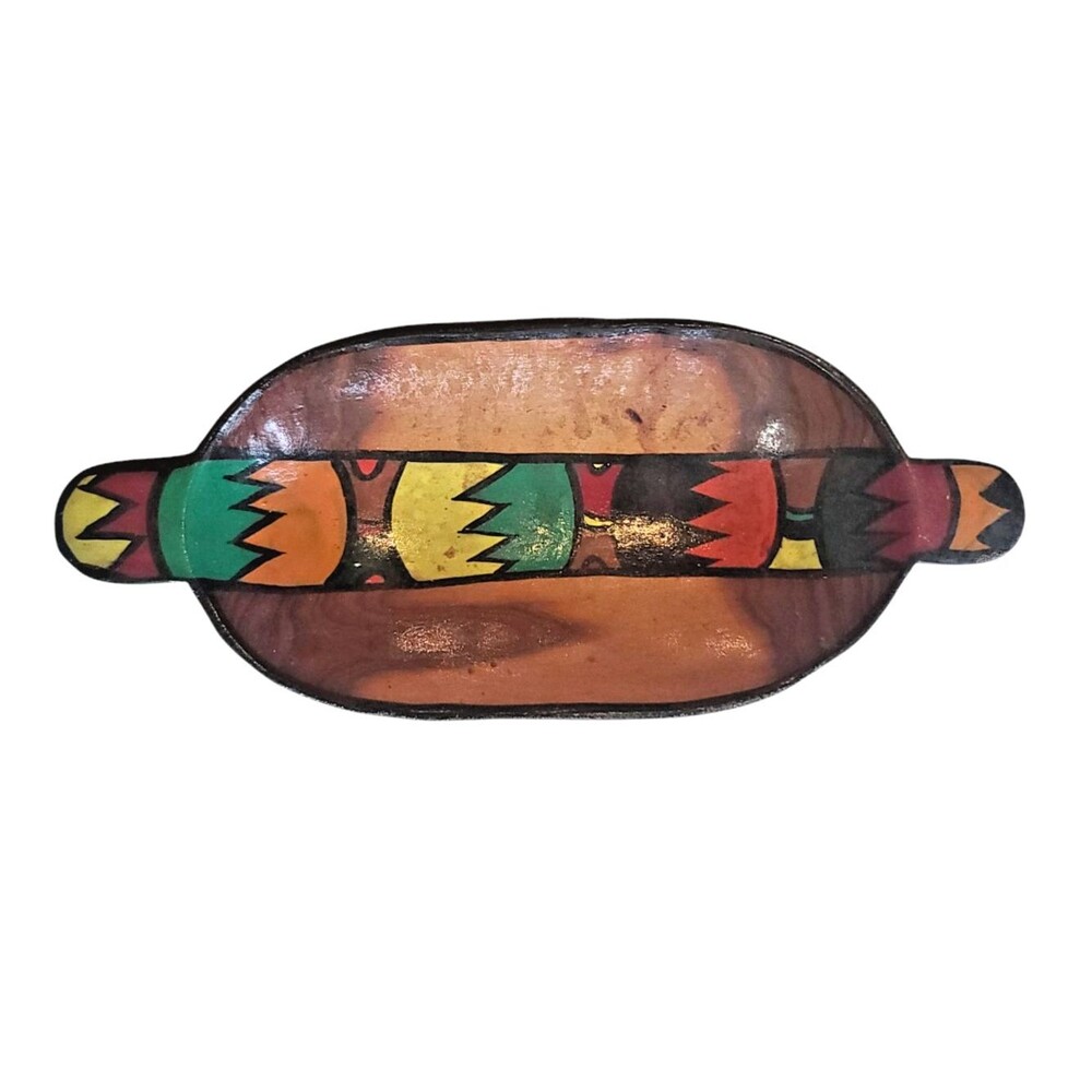Vintage Hand Carved Wood Bowl Hand Painted Geometric African Folk Art